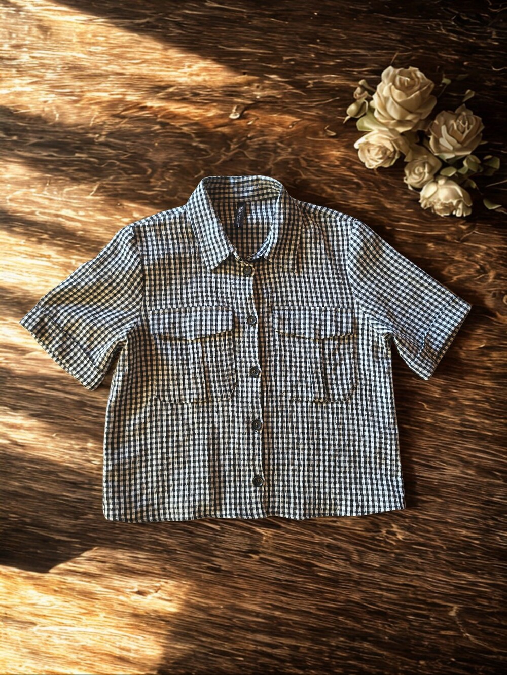 Zara Black and White Checked Short Sleeve Button-Up